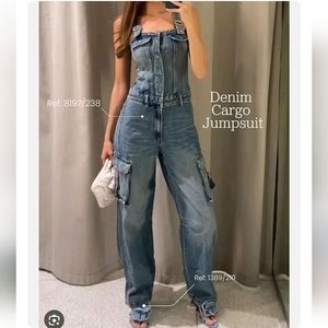 Zara * Denim Cargo Jumpsuit Blue Size XS